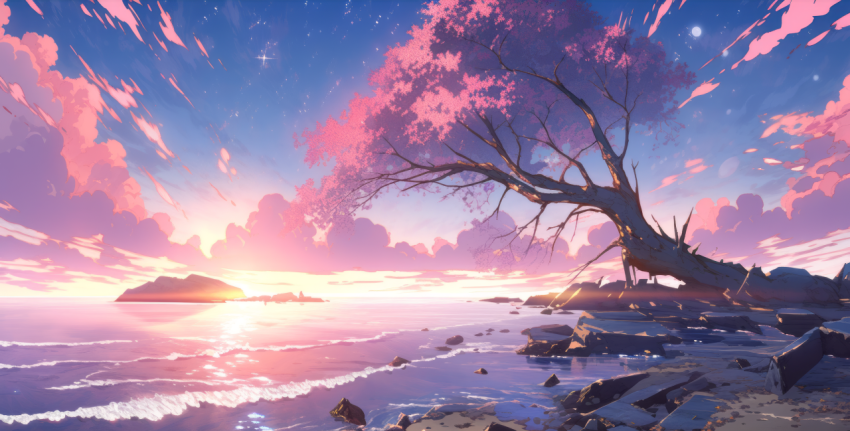 Sunset Cherry Blossom Ocean Art Anime Wallpaper