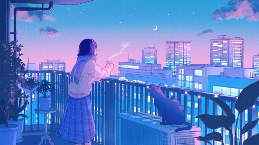 Tranquil Urban Evening: Anime Scenery Wallpaper