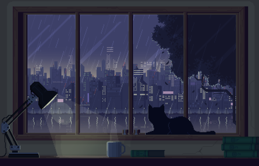 Pixel Art Rainy City Laptop Wallpaper