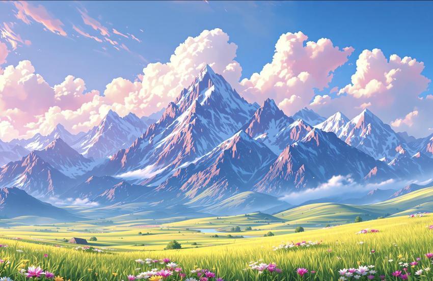 Flower Field and Mountains PC Wallpaper