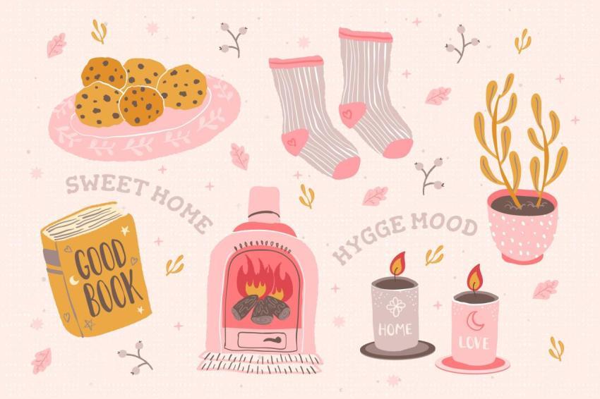 Cozy Vibes: Hand-drawn Hygge Stickers Wallpaper